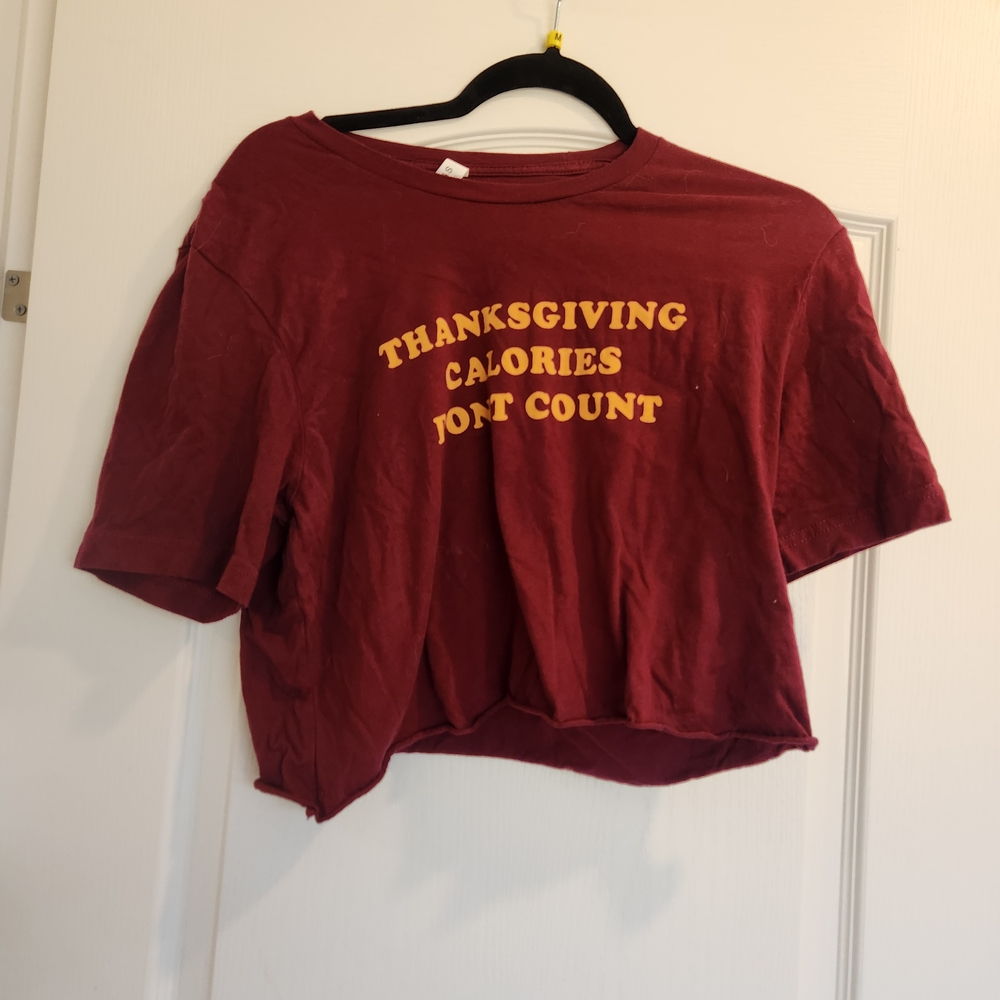 ** Bella Canvas Womens Maroon Crop Tee with Thanksgiving Print Size L Euc